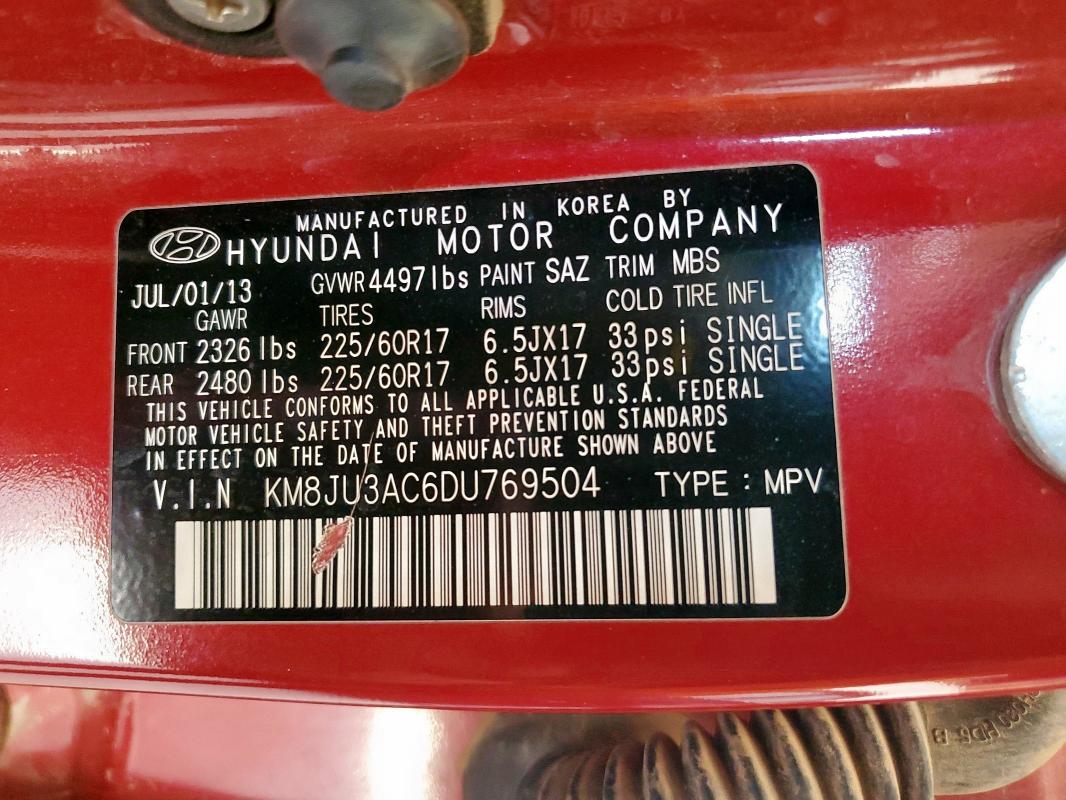 KM8JU3AC6DU769504 - 2013 HYUNDAI TUCSON GLS 勃艮第红 照片 13