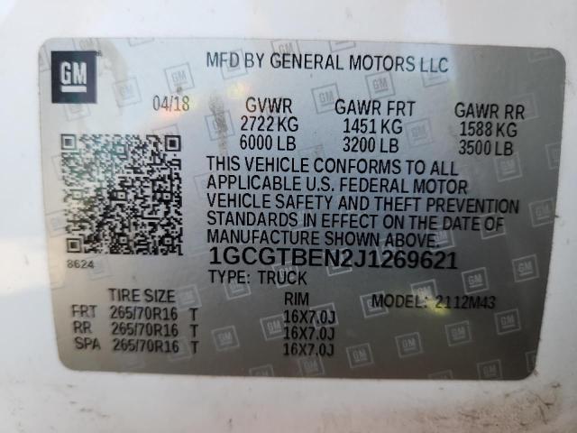 1GCGTBEN2J1269621 - 2018 CHEVROLET COLORADO Ақ фото 12