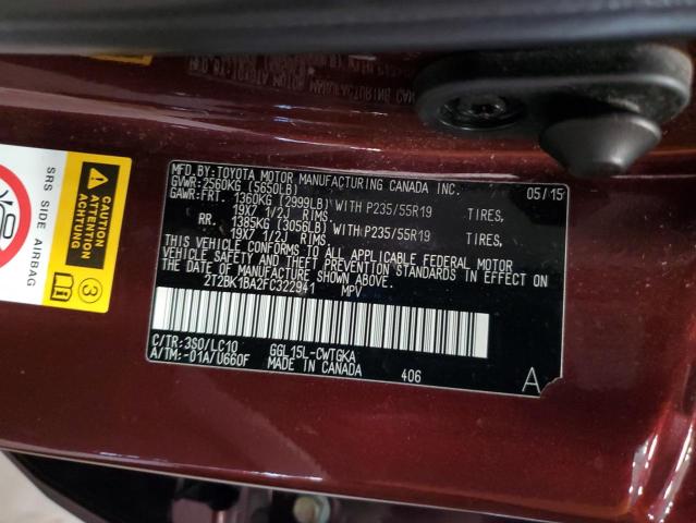 2T2BK1BA2FC322941 - 2015 LEXUS RX 350 BASE 勃艮第红 照片 13