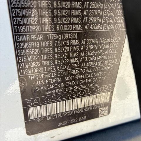 SALGS2SV9KA518093 - 2019 LAND ROVER RANGE ROVE HSE WHITE photo 10