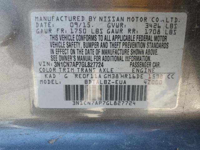 3N1CN7AP7GL827724 - 2016 NISSAN VERSA S 灰色 照片 13