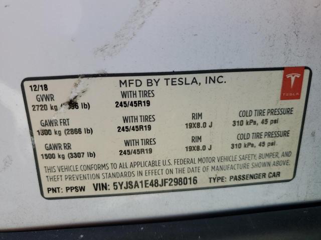 5YJSA1E48JF298016 - 2018 TESLA MODEL S Սպիտակ լուսանկար 13