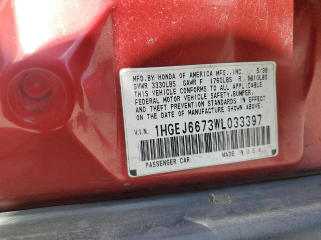 1HGEJ6673WL033397 - 1998 HONDA CIVIC LX Bordo foto 12