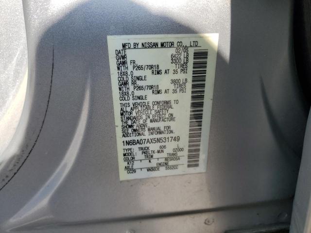 1N6BA07AX5N531749 - 2005 NISSAN TITAN XE SILVER photo 12
