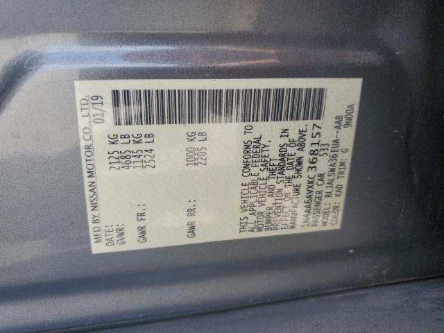 1N4AA6AVXKC368157 - 2019 NISSAN MAXIMA S ნაცრისფერი ფოტო 12