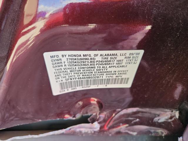 5FNYF48469B032871 - 2009 HONDA PILOT EX 勃艮第红 照片 12