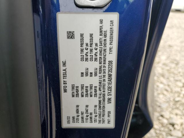 5YJ3E1EA8NF352208 - 2022 TESLA MODEL 3 Синій фото 12