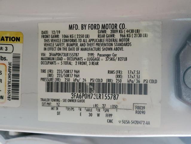 3FA6P0H73LR155787 - 2020 FORD FUSION SE WHITE photo 12