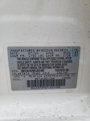 3N1CN7AP6FL837482 - 2015 NISSAN VERSA S WHITE photo 13