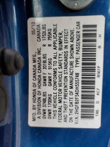 2HGFB2F54DH555748 - 2013 HONDA CIVIC LX 蓝色 照片 12