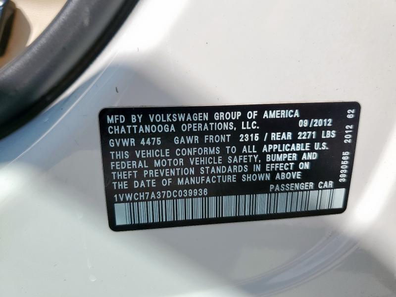 1VWCH7A37DC039936 - 2013 VOLKSWAGEN PASSAT SEL WHITE photo 12