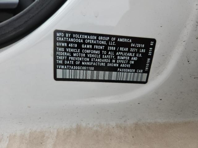 1VWAT7A30GC051100 - 2016 VOLKSWAGEN PASSAT S WHITE photo 12
