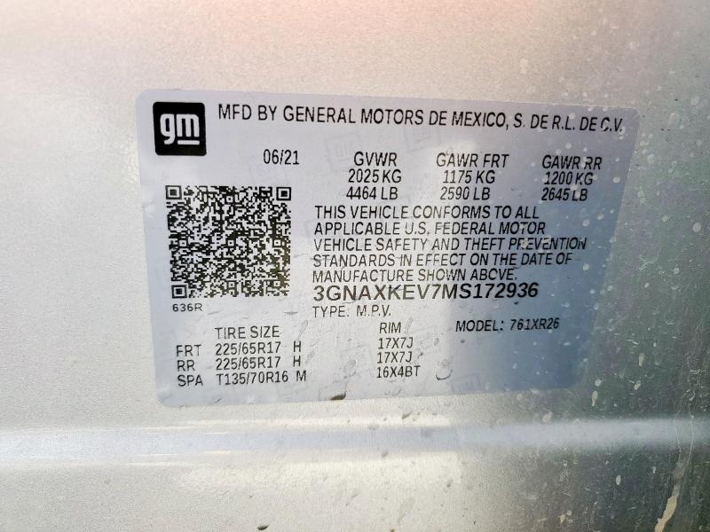 3GNAXKEV7MS172936 - 2021 CHEVROLET EQUINOX LT SILVER photo 13