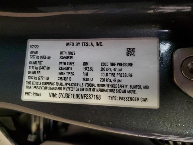 5YJ3E1EB0NF287198 - 2022 TESLA MODEL 3 GRAY photo 12