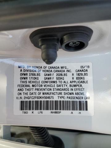 2HGFC2F60KH564675 - 2019 HONDA CIVIC LX Beyaz fotoğraf 12