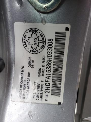 2HGFA16386H033008 - 2006 HONDA CIVIC DX VP Արծաթագույն լուսանկար 13