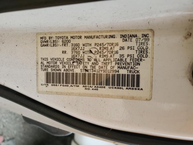 5TBRT3412YS012994 - 2000 TOYOTA TUNDRA ACCESS CAB თეთრი ფოტო 12