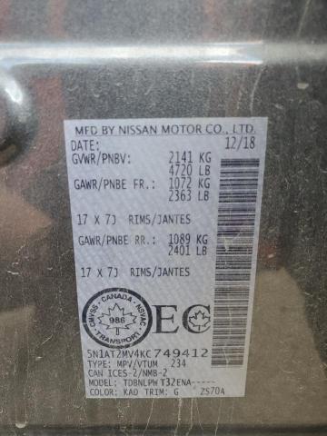 5N1AT2MV4KC749412 - 2019 NISSAN ROGUE S ნაცრისფერი ფოტო 13