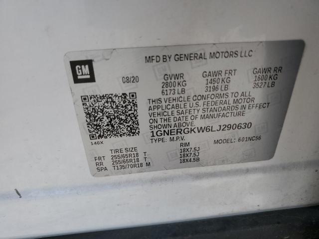 1GNERGKW6LJ290630 - 2020 CHEVROLET TRAVERSE LT WHITE photo 13