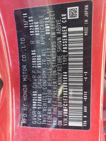 JHMFC1F39KX001844 - 2019 HONDA CIVIC EX RED photo 12