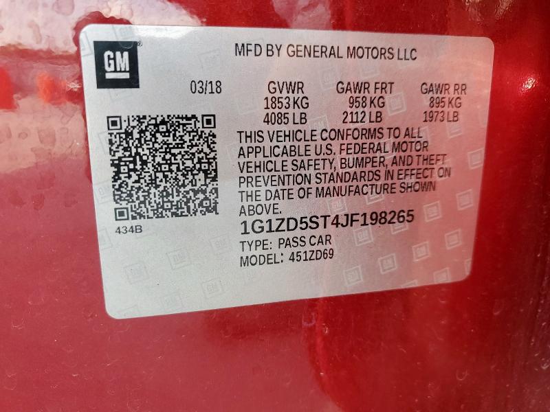 1G1ZD5ST4JF198265 - 2018 CHEVROLET MALIBU LT Бордовий фото 12