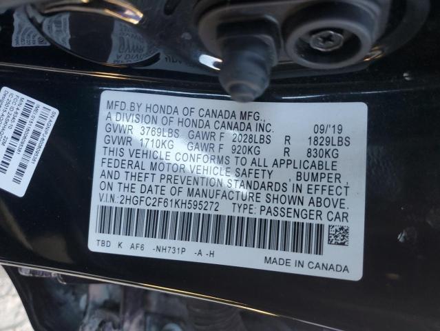 2HGFC2F61KH595272 - 2019 HONDA CIVIC LX BLACK photo 12