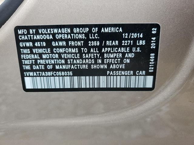 1VWAT7A38FC058035 - 2015 VOLKSWAGEN PASSAT S თაფლისფერი ფოტო 12