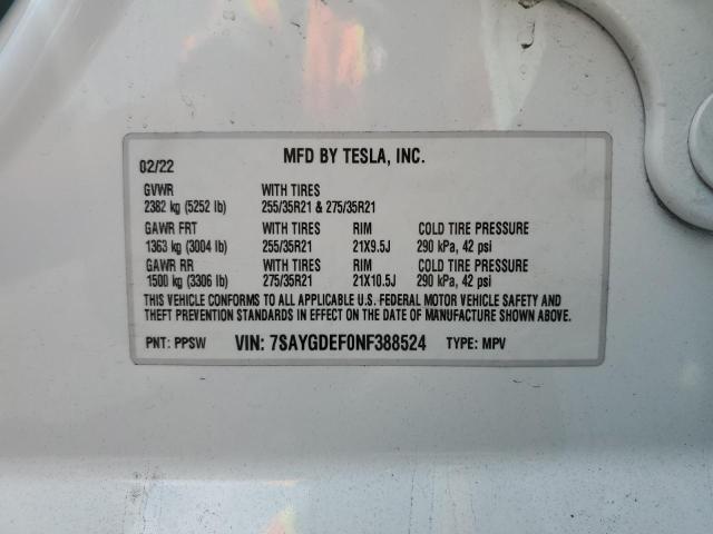 7SAYGDEF0NF388524 - 2022 TESLA MODEL Y 白色 照片 12