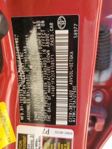 4T4BF1FK2CR158571 - 2012 TOYOTA CAMRY BASE RED photo 12