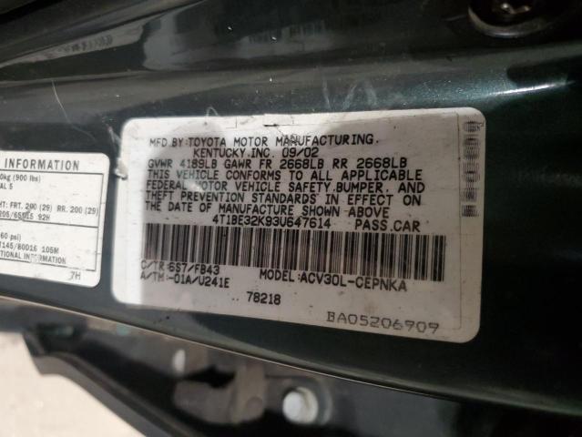 4T1BE32K93U647614 - 2003 TOYOTA CAMRY LE GREEN photo 12