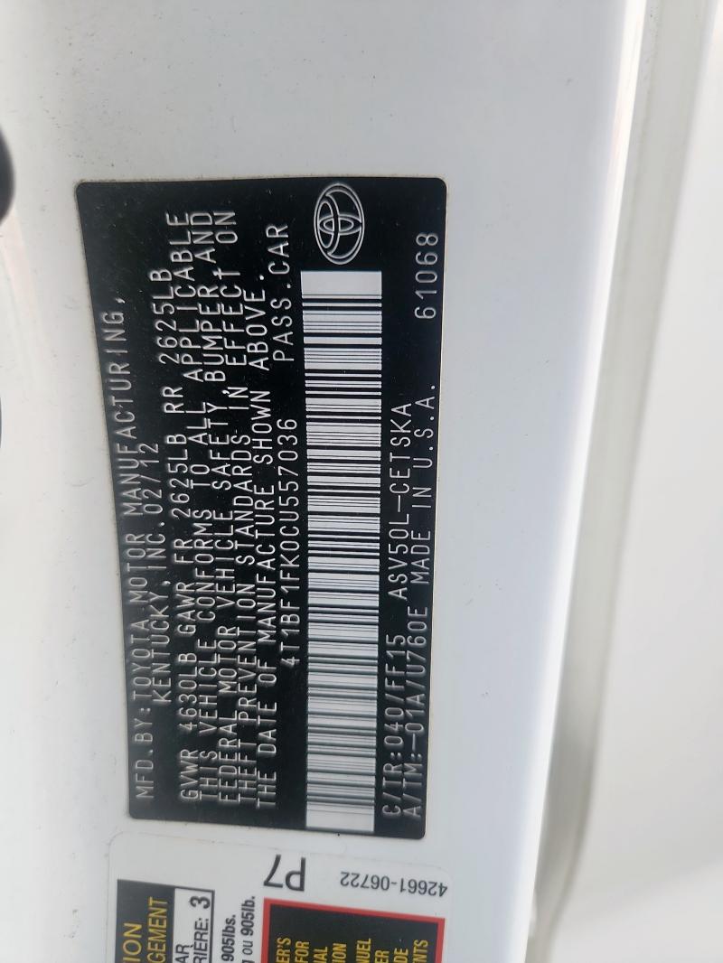 4T1BF1FK0CU557036 - 2012 TOYOTA CAMRY BASE WHITE photo 12