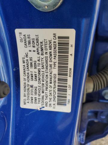 2HGFC2F79JH561653 - 2018 HONDA CIVIC EX BLUE photo 13