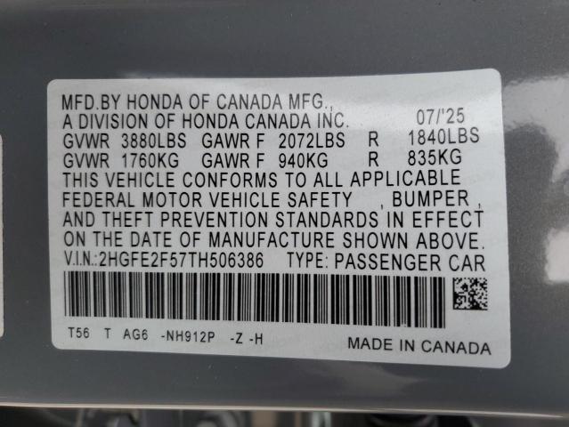 2HGFE2F57TH506386 - 2026 HONDA CIVIC SPORT GRAY photo 12