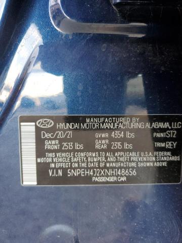 5NPEH4J2XNH148656 - 2022 HYUNDAI SONATA LIMITED BLUE photo 12