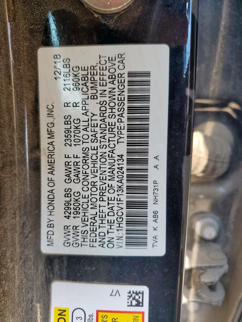 1HGCV1F13KA024134 - 2019 HONDA ACCORD LX BLACK photo 12