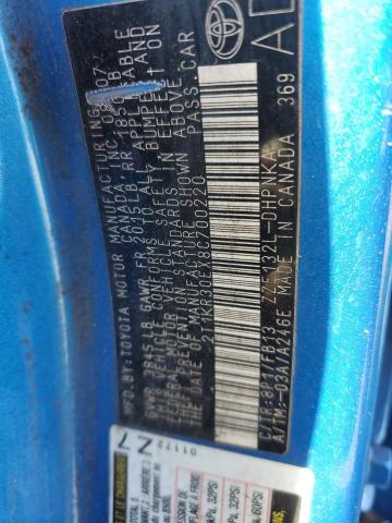 2T1KR30EX8C700220 - 2008 TOYOTA COROLLA MA XR BLUE photo 12