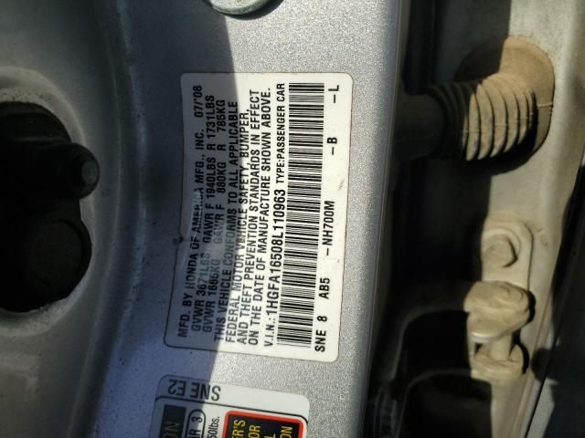 1HGFA16508L110963 - 2008 HONDA CIVIC LX SILVER photo 12