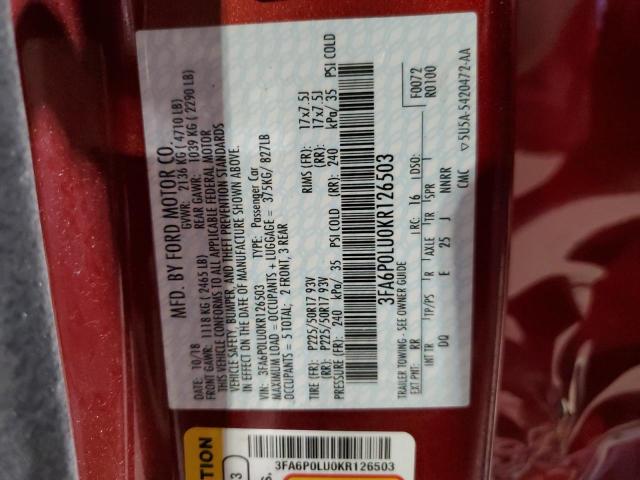 3FA6P0LU0KR126503 - 2019 FORD FUSION SE RED photo 13