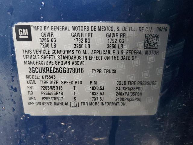 3GCUKREC5GG378016 - 2016 CHEVROLET SILVERADO K1500 LT BLUE photo 11