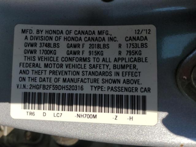 2HGFB2F59DH520316 - 2013 HONDA CIVIC LX SILVER photo 13