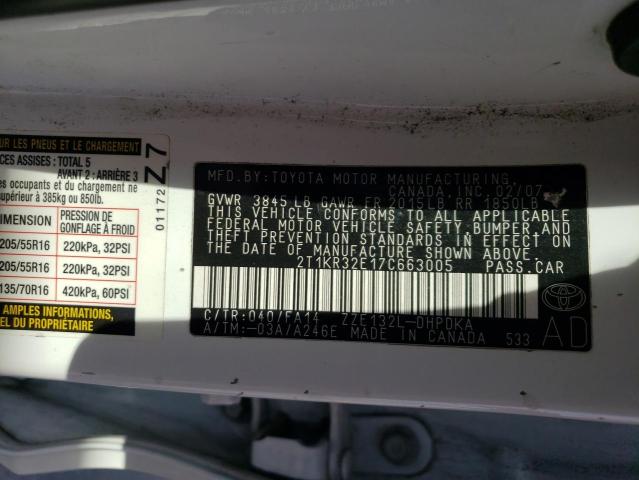 2T1KR32E17C663005 - 2007 TOYOTA COROLLA MA XR WHITE photo 12