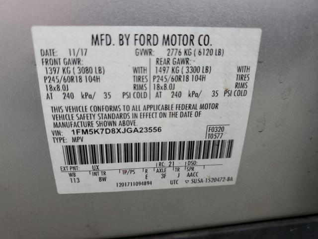 1FM5K7D8XJGA23556 - 2018 FORD EXPLORER XLT Argent photo 13