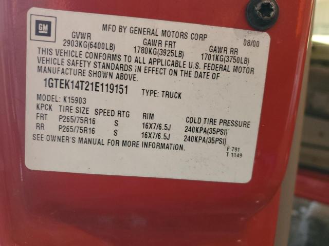 1GTEK14T21E119151 - 2001 GMC NEW SIERRA K1500 RED photo 12