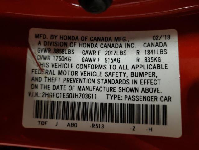 2HGFC1E50JH703611 - 2018 HONDA CIVIC SI RED photo 12