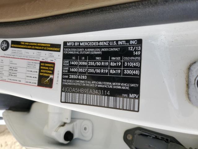 4JGDA5HB9EA343114 - 2014 MERCEDES-BENZ ML 350 4MATIC WHITE photo 12