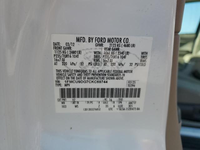 1FMCU9DG7CKC69744 - 2012 FORD ESCAPE XLT 白色 照片 13