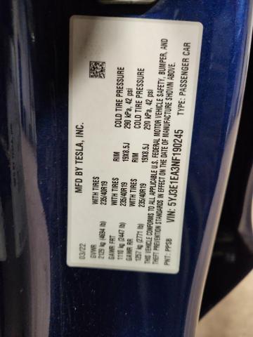5YJ3E1EA3NF190245 - 2022 TESLA MODEL 3 BLUE photo 12