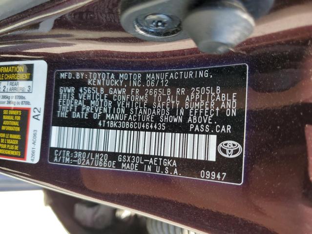 4T1BK3DB6CU464435 - 2012 TOYOTA AVALON BASE Bordeaux Foto 12