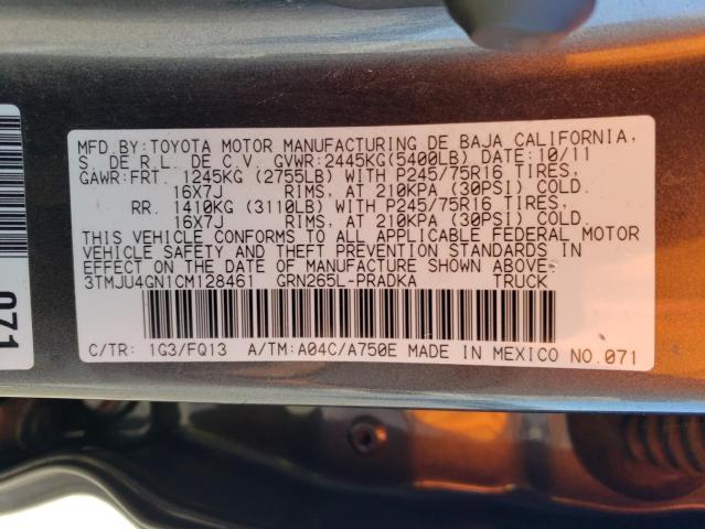 3TMJU4GN1CM128461 - 2012 TOYOTA TACOMA DOUBLE CAB PRERUNNER GRAY photo 12