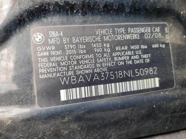 WBAVA37518NL50982 - 2008 BMW 3 SERIES I BLACK photo 12